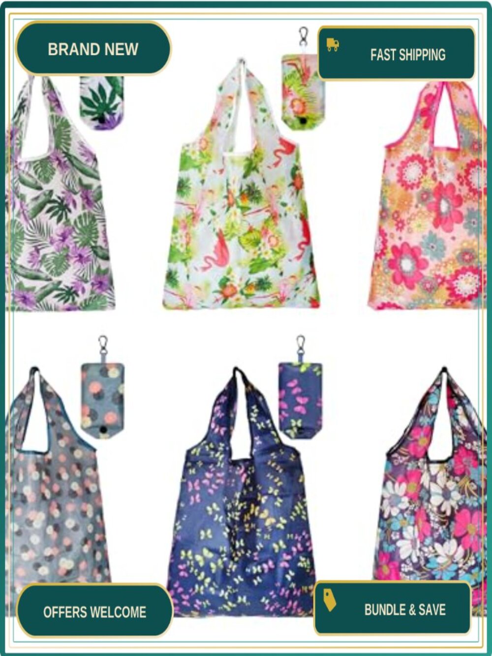 6 Reusable Foldable Shopping Bags Polyester Waterproof Machine Washable Eco
